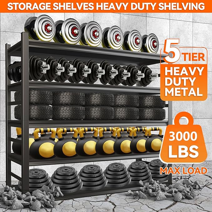 Garage Shelving, 72" H × 48" W Heavy Duty Metal Shelving - Easy to Assemble, Adjustable 5-Tier Storage Shelves, Double-Thickened Columns, 3000 lbs Capacity, for Garage, Pantry Storage, Black