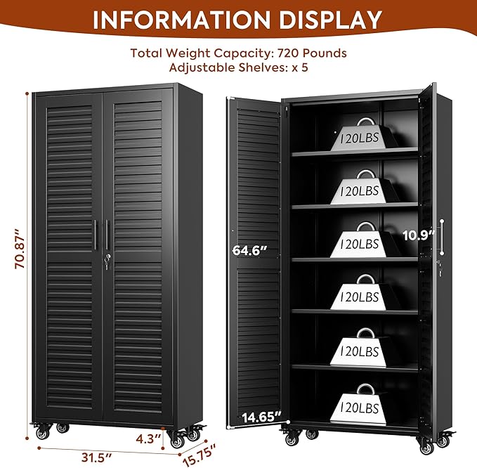 Aobabo 71H''*32''W*16''D Metal Garage Storage Cabinet with Wheels,5 Adjustable Shelves Steel Storage Cabinets for Home,Warehouse,Garage,Assembly Required,Black