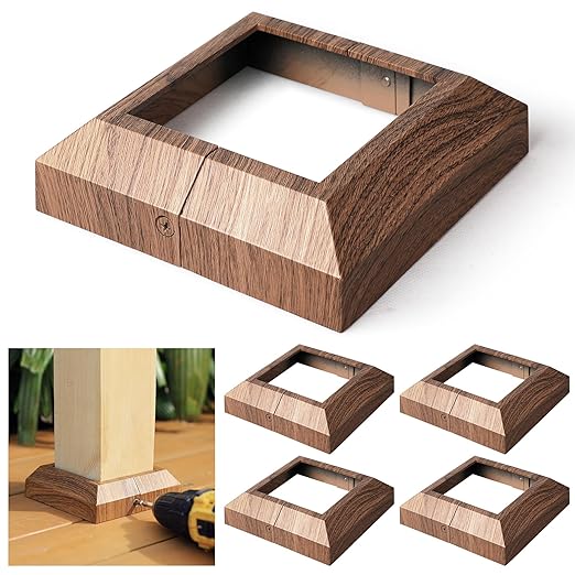 4 pcs 4"x4" (Actual: 3.5"x3.5") Aluminum Post Base Cover for Railings, Stairs, Patios, Porches - Split Deck Post Skirt (Walnut Wood)