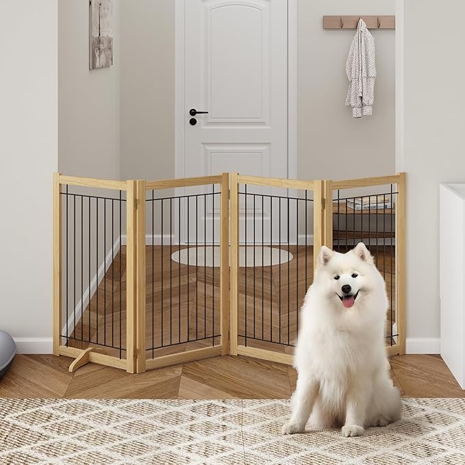 Wire Dog Gate Solid Wood Frame, Anti-Chewing, 4-Panel, 36" Height, 80" Width, Indoor Freestanding Pet Gate Foldable Wooden Dog Fences for Stairs, House, Doorway, Oak Color