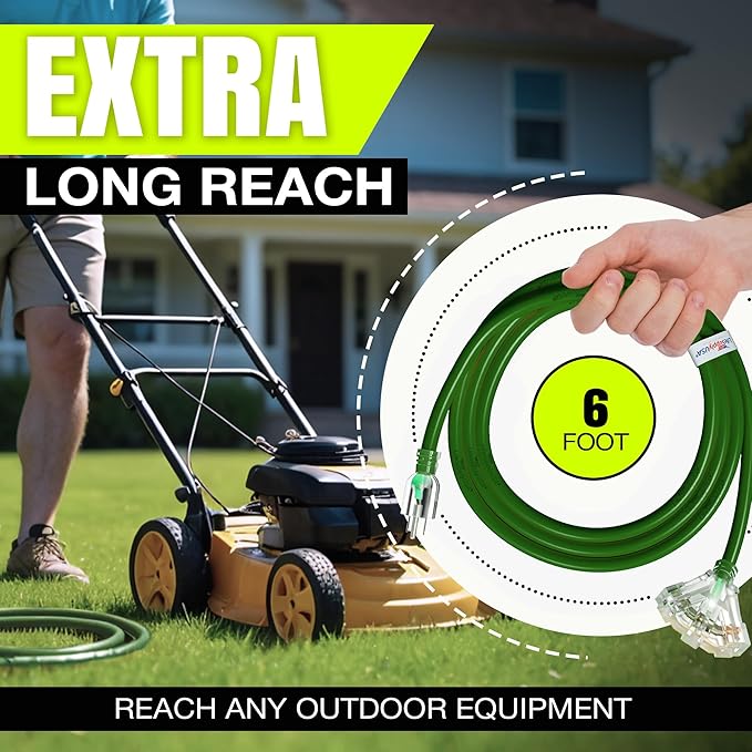6ft Outdoor/Indoor Extension Cord 3-Outlet 12/3 Gauge Extra Heavy Duty ETL Listed, 3 Prong SJTW, Waterproof, Flexible Cold-Resistant Long Power Cord,15A 125V 1875W, Green by LifeSupplyUSA