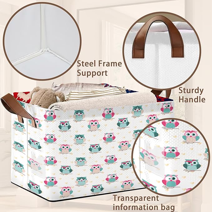 Owl Pattern Storage Basket Large 17x11.5x10.5 Inche-Collapsible Fabric Organizer Bin with Handles for Nursery, Valentines Decor, Toys-Foldable Decorative Hamper with Romantic Owl Design-Single Pack