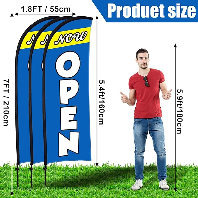 Buryeah 3 Sets Now Open Feather Flag Pole Kit for Business Advertising 7 ft Open Flag Banner Sign with Pole Kit Ground Stake and Portable Bag for Outside Ground (Blue)