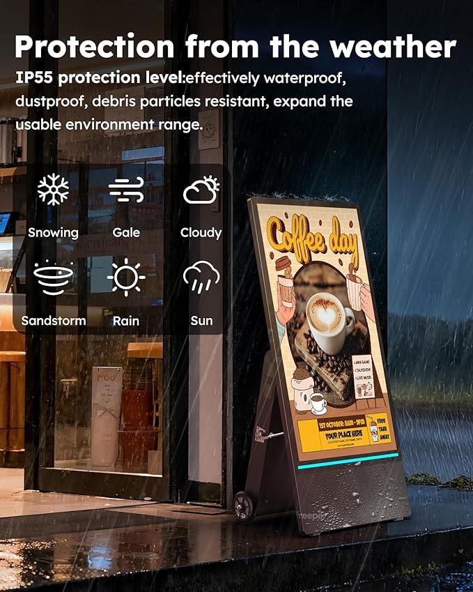 HARZHI 43 Inch Outdoor Digital Signage Display, Portable Powered High Brightness Screen Advertising Display Kiosk, Movable Waterproof Standing Poster, Business Helper, Android OS MWE