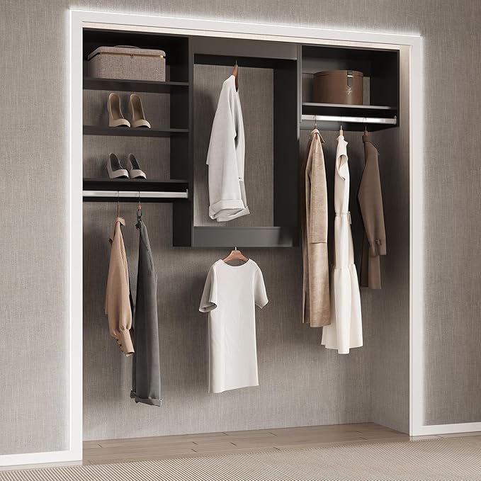 Double Hanging Closet Unit, Modular Closet System, Wood Closet System Organizer with Storage for Walk in Closets, Clothing Rack Wardrobe Closet for Hanging Clothes, Bedroom, Black, 31.5" W