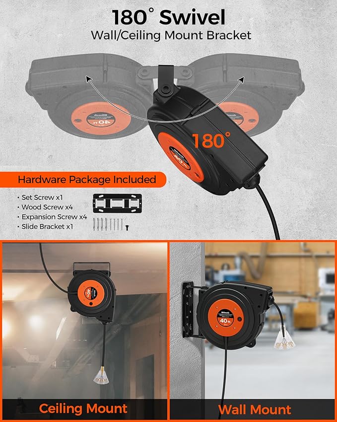 Retractable Extension Cord Reel, 40 FT Heavy Duty Power Cord, 12AWG/3C SJTOW, 3 Grounded Outlets Lighted Triple Tap, 15 Amp Circuit Breaker, UL Listed, Orange B40CR06