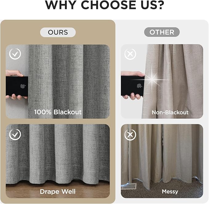 Joydeco Pinch Pleated Curtains - 100% Blackout for Bedroom, Light Grey Linen Curtains 40" W x 84" L, Thermal Insulated 2 Panels Light Blocking Drapes, Back Tabs for Living Room
