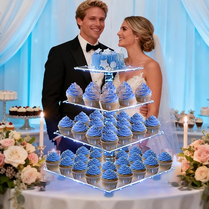 YestBuy 4 Tier Acrylic Cupcake Stand Afternoon Tea Cake Stand Large Cupcake Stand Cupcake Tower Cupcake Holder for Pastry + LED Light String Ideal for Weddings Birthday Bar Party Décor (Blue Light)