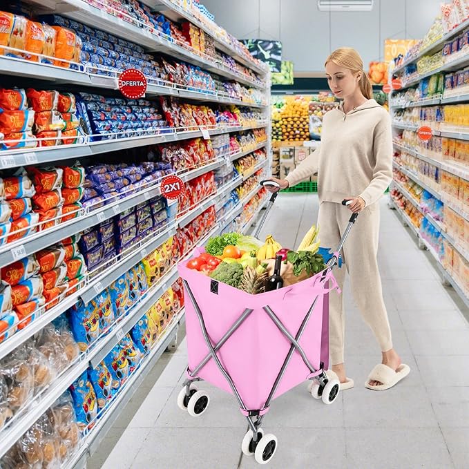 GOFLAME Folding Shopping Cart on Wheels, Waterproof Grocery Cart with Removable Cover and 360° Swiveling Wheels, Collapsible Utility Cart for Groceries and Laundry, 120LBS Load Capacity, Pink