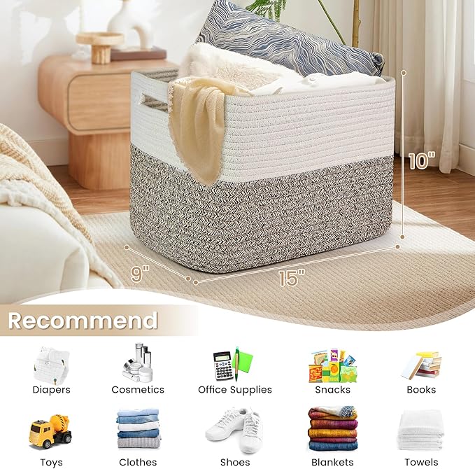 Shelf Woven Storage Basket, 15 x 10 x 9” Closet Rope Baskets For Organizing, Square Bins with Handles, White+Dark brown