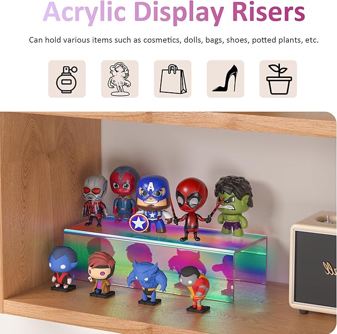 Acrylic Shelf Riser 12x4.7x3 pack of 2, Iridescent Desktop Rectangular Acrylic Tray Pedestal Stand for Funko Pop Figure, Bags, 12x4.7x3 Inch