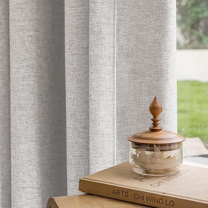Textured Linen Double Pleated 100% Blackout Curtains for Bedroom/Living Room Blackout Curtains 96 Inches Long, Energy Saving Window Treatment Curtains,84Wx96Lx2,White Beige