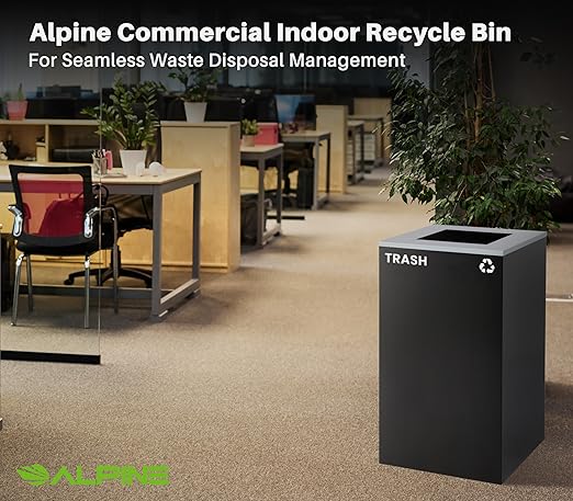 Alpine Industries 29 Gallon Commercial Indoor Recycle Bin, Modern Black Metal Container with Optional Lids