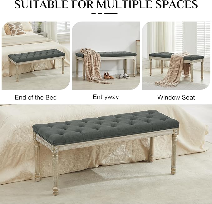 LOULENS 43.9" Linen Fabric End of Bed Bench, Vintage French Upholstered Button Tufted Entry Bench, Window Seat with Carved Wood Legs for Bedroom, Living Room, Entryway, Foyer, Hallway, Dark Grey
