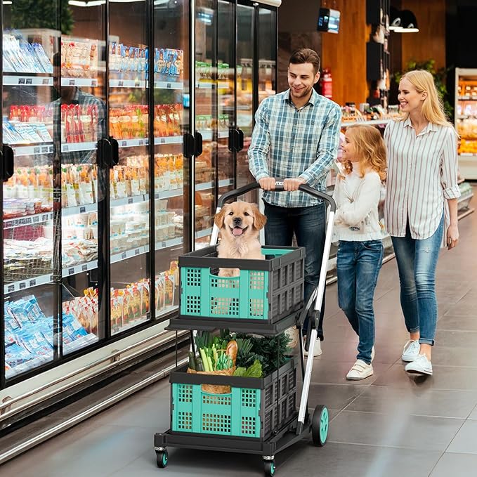 Collapsible Shopping Cart with 2 Storage Crates, Multi Use 2-Tier Grocery Carts on Wheels, 350 LBS Capacity Portable Foldable Shopping Cart for Groceries, Blue