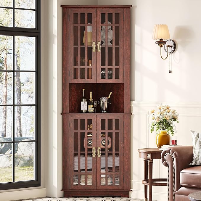 IRONCK Corner Cabinet, 71" H Tall Corner Storage Cabinet with 4 Glass Doors and 5 Shelves, Home Space Saver for Bathroom, Living Room, Mid Century Design, Red Walnut