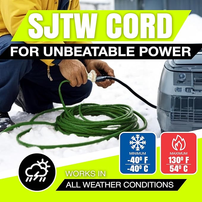 50ft Outdoor/Indoor Extension Cord 3-Outlet 12/3 Gauge Extra Heavy Duty ETL Listed, 3 Prong SJTW, Waterproof, Flexible Cold-Resistant Long Power Cord,15A 125V 1875W, Green by LifeSupplyUSA