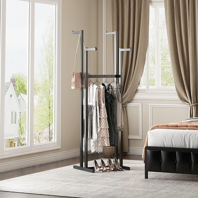 Black Clothes Racks with 4 Straight Arms, Metal Clothing Rack for Hanging Clothes, Freestanding Garment Rack Heavy Duty, 46" to 63" Adjustable Height Retail Clothing Rack for Boutiques Display
