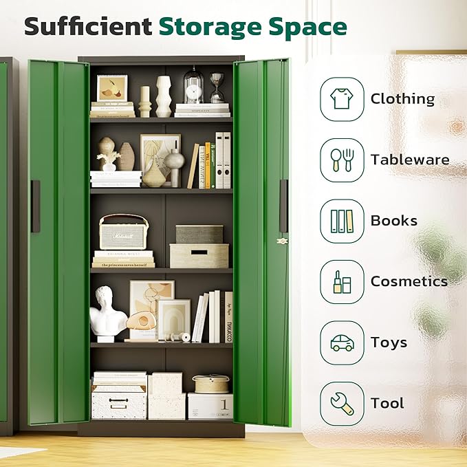 Greenvelly Metal Storage Cabinet, 63" H Locking Metal Storage Cabinet with Doors and 4 Shelves, Lockable Steel Cabinets for Kitchen, Bedroom, Living Room, Office (Green)
