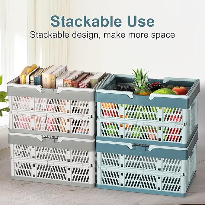 Heavy Duty Plastic Milk Crates for Storage, 2-Pack Stackable Storage Bins for Organizing, Collapsible Shopping Basket with Handle for Groceries, Suitable for Home Office School Store, Gray