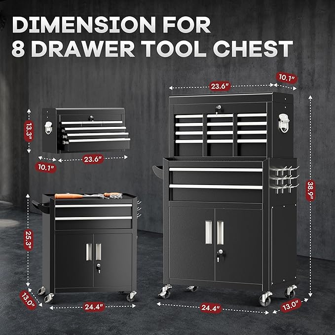 Bonusall 8 Drawer Rolling Tool Chest and Cabinet Combo,Heavy-Duty Metal Garage Tool Chest with Wheels and 2 Doors,2-in-1 Top Box and Roller Cabinet Combo for Garage, Workshop, Warehouse-Black