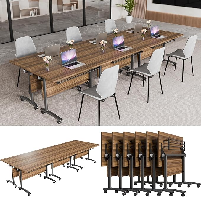 Conference Table, Modern Folding Meeting Tables with Flip Top, Mobile Podcast Table with Four Locking Wheels, Large Training Table for Meeting Room, Office, Classroom (6, A, 47.2in)