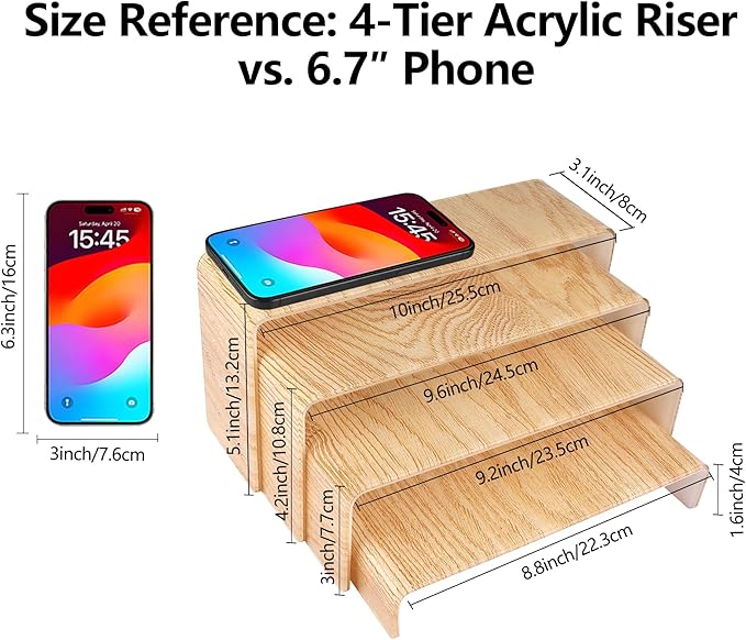 ELEGANTLIFE Acrylic Display Riser,4.3mm Heavy Duty Crystal Display Stand Shelf Layered Aesthetic, Jewelry Display Shelf Risers for Décor,4 Pack Set Multi-color (Light Wood Imitation)