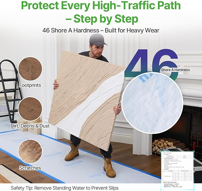 39" x200' Heavy-Duty Floor Protection | Construction Grade Carpet Protector | Drop Cloth Plastic Film for Hardwood Floors | Waterproof Painters Covering with No Residue(Ice Blue)