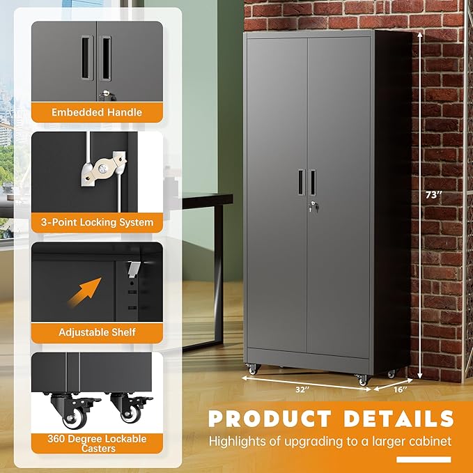 Greenvelly 73" Storage Cabinet with Wheels,Metal Rolling Garage Cabinet with Locking Doors and 4 Adjustable Shelves for Home,Kitchen,Office,Warehouse(32" W x 16" D)