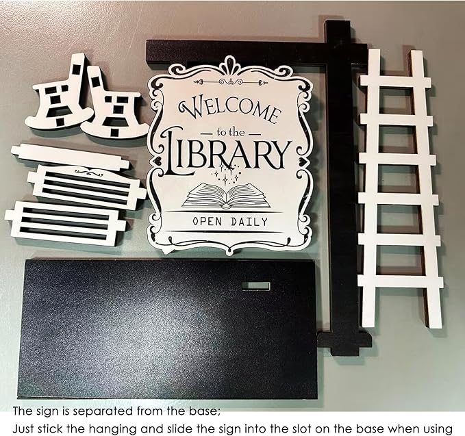 Welcome to the Library Sign Miniature Signpost Self-standing Kit, Mini Booknook Sign with ladder and Bench Scene Display, Bookcase Accessories Decor Gift for Book-themed Club Book Lover