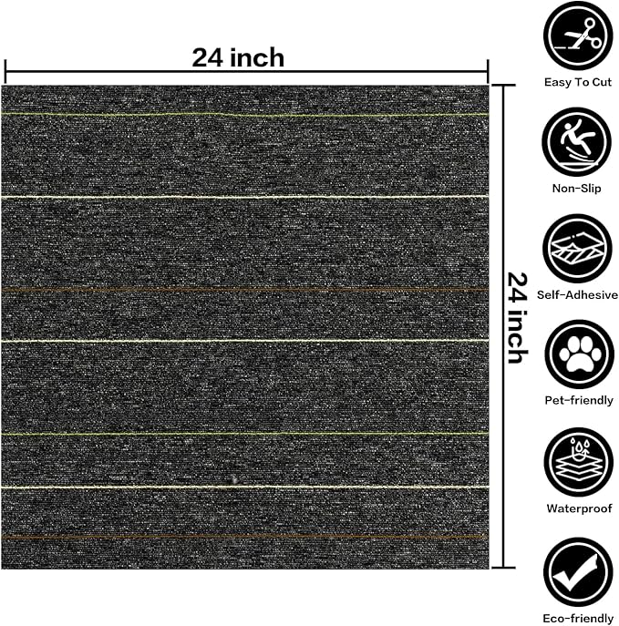 24 * 24in Self-Adhesive Carpet Tiles, Peel and Stick Floor Squares for Home Office, Removable Decorative Rug Mat, Easy Install, Sound Absorbing (10Pcs Dark Grey)
