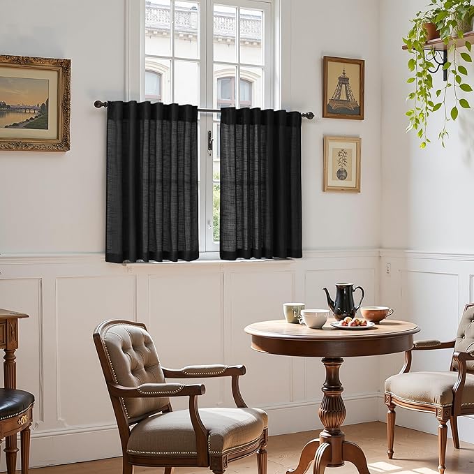 Nanspring Short Linen Curtains 36 Inch Length Black Semi Sheer Drapes Back Tab and Rod Pocket Neutral Privacy Cafe Curtains for Bathroom Small Windows, 34 x 36 Inch, 2 Panels