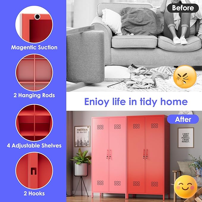 Aobabo Metal Wardrobe Cabinets with Lock, 2 Door Metal Closet wtih 4 Adjustable Shelves and 2 Hannging Rod, Lockable Locker Cabinet, Storage Locker for Home, Office,Red, Assembly Required