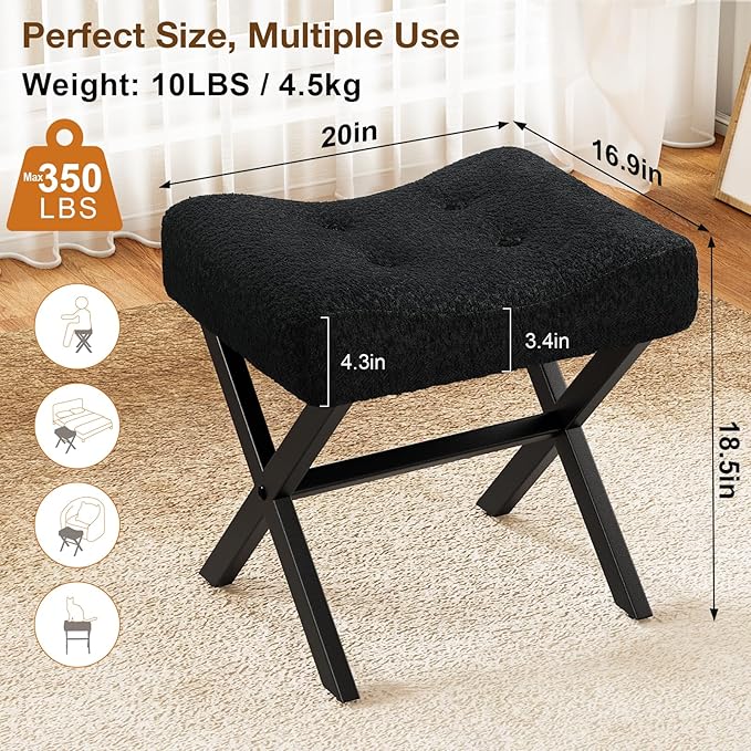 18-Inch Large Vanity Stool Chair, Vanity Bench with Metal X-Legs, Ottoman Accent Stool with Breathable and Soft Boucle Fabric Saddle Seat, Black