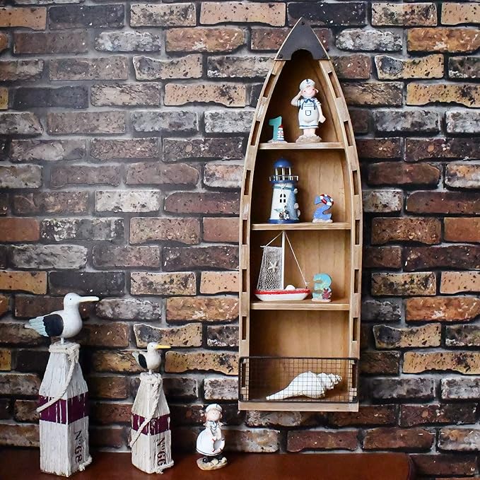 Wood Hanging Boat Shelf Nautical 4-Tiered Shelves for Living Room Bathroom Bedroom - Beach Themed Decorative Bookcase Wooden Wall Art Ornament Display Shelf Rustic Coastal Home Decor