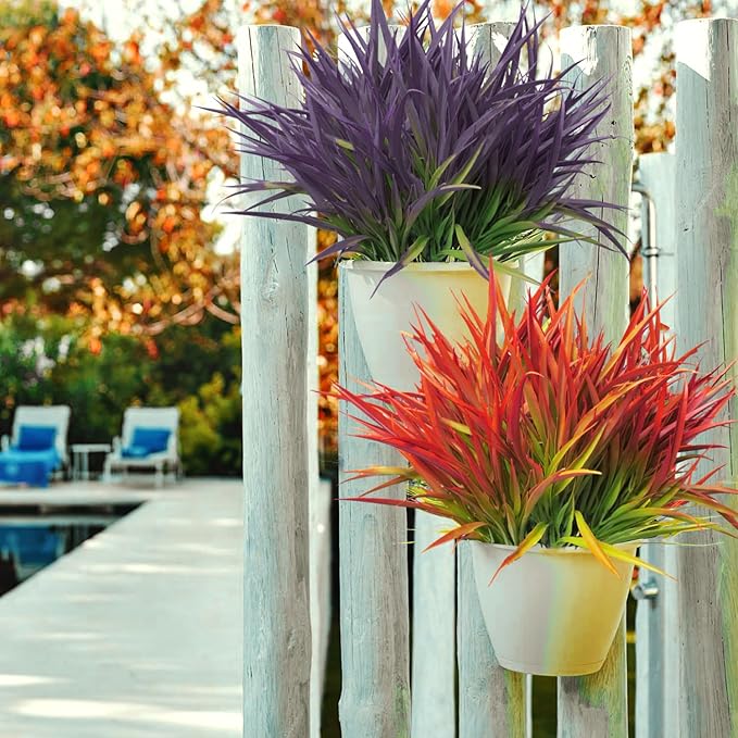 Outdoor Artificial Plants 8 Bundles Fake Plants Grass UV Resistant Fake Flowers Bush Greenery,17Inch Tall Faux Grass Shrubs for Home Porch Pathway Garden Décor Outside Indoor (red)