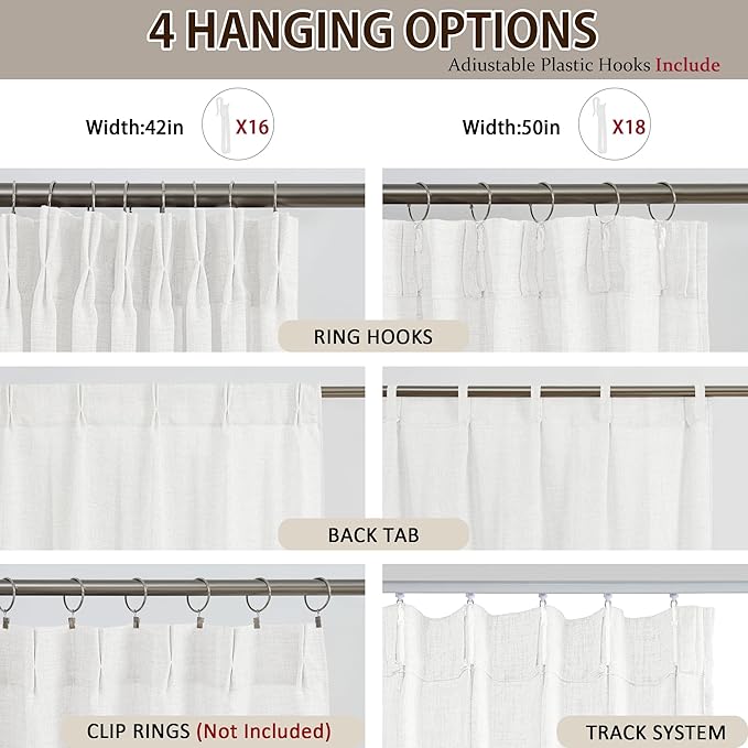 White Pinch Pleated Sheer Curtains 102 Inches Long, Textured Window Treatments Curtain for Bedroom/Living Room 42x102 Inch 2 Panels Back Tab Rod Pocket