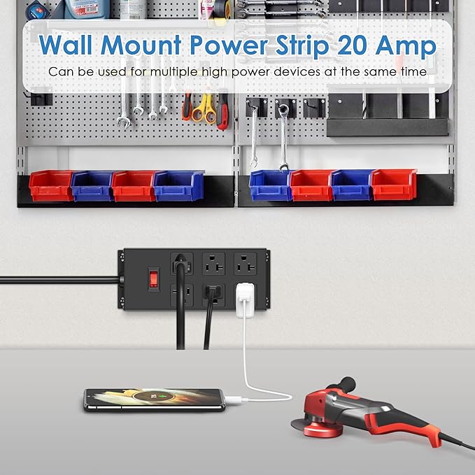 JUNNUJ Heavy Duty 20 Amp Power Strip, Garage 6 Outlets Metal 12 Gauge Surge Protector 3000J, High Amp 5-15P Adapter Shop 6-20R T-Slot Industrial (6AC, 4FT)