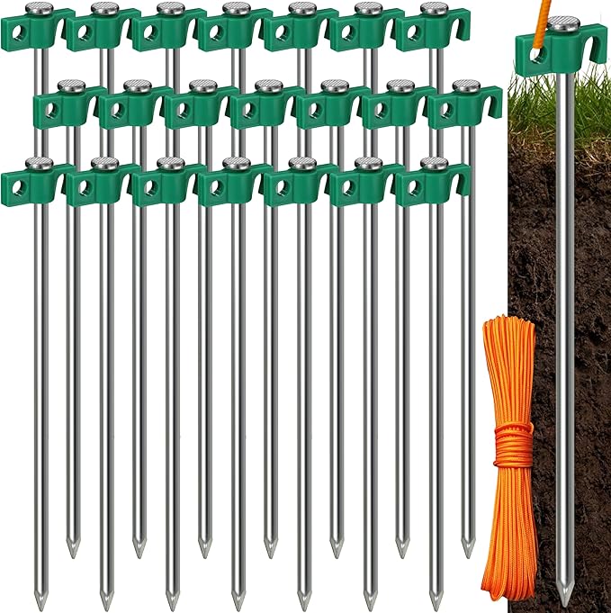 Tradesparker Tent Stakes 22-Pack 10Inch Heavy Duty Garden Stakes Canopy Anchors Double-Sided Hook Design - Includes Ropes for Camping Tents, Pop Up Canopies and Outdoor Events, Green