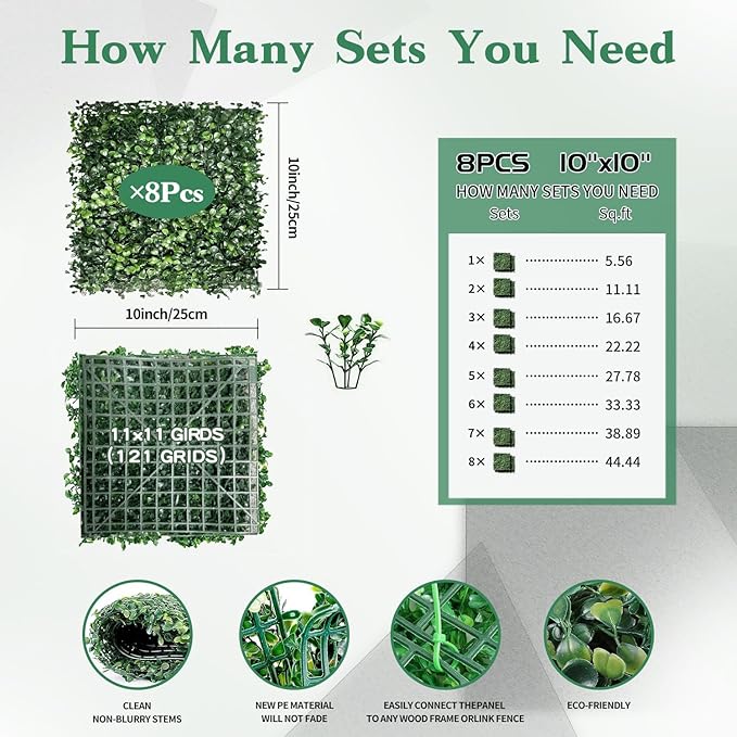 Artificial Grass Wall Panels, 8 PCS 10"x10" Boxwood Hedge Wall Panels with 100 Zip Ties, Boxwood Panels Backdrop for Outdoor Indoor Decorative Garden Fences Backyard Patio Privacy Hedge