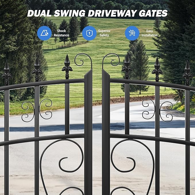 ZUMI Dual Swing Driveway Gates, 18x6 ft. Outdoor Steel Swing Gates for Driveway, Heavy-Duty Driveway Fence Gates for Home Security, Weatherproof Iron Security Gate Kit for Outdoor, Greerwich Style
