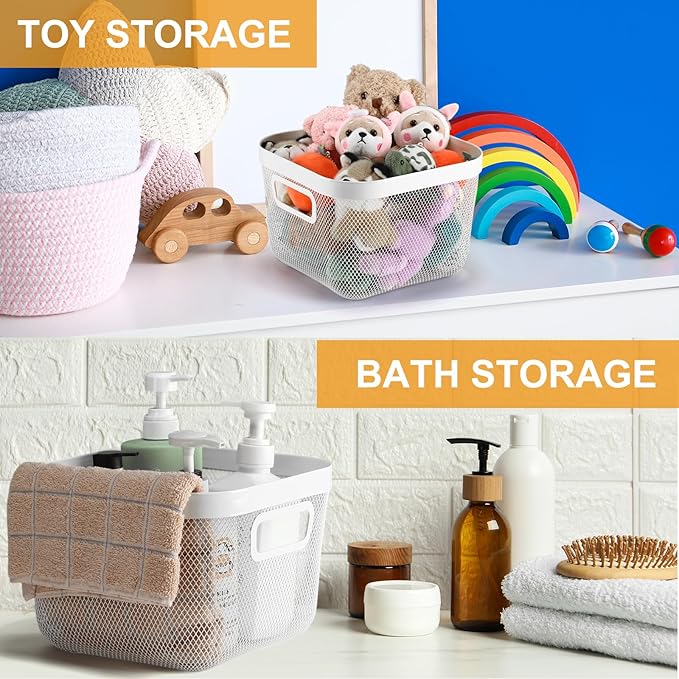 4 Pack Metal Mesh Basket with Hollow Handles White Wire Storage Bin for Organizing Stackable Metal Fine Mesh Basket for Pantry Bathroom Kitchen Cabinets Shelves (Medium and Large)