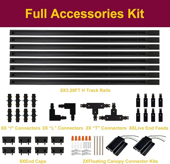 Black Full Accessories and Rails Kit for H Type Track Lighting Systems 26FT Track Rails, Floating Canopy Connector, Live End, I, T and L Connectors.Great Value Set for LED Track Lighting