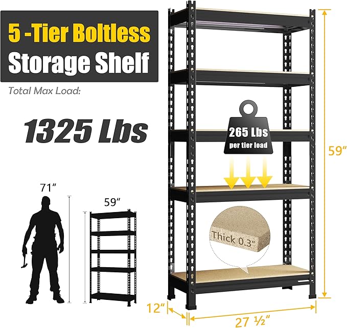 PrimeZone Storage Shelves, 27.5" W X 12" D X 59" H Adjustable Metal Heavy Duty Garage Shelving Unit, 5 Tier Industrial Standing Utility Rack Organizer for Warehouse, Pantry, Kitchen, Basement, Black