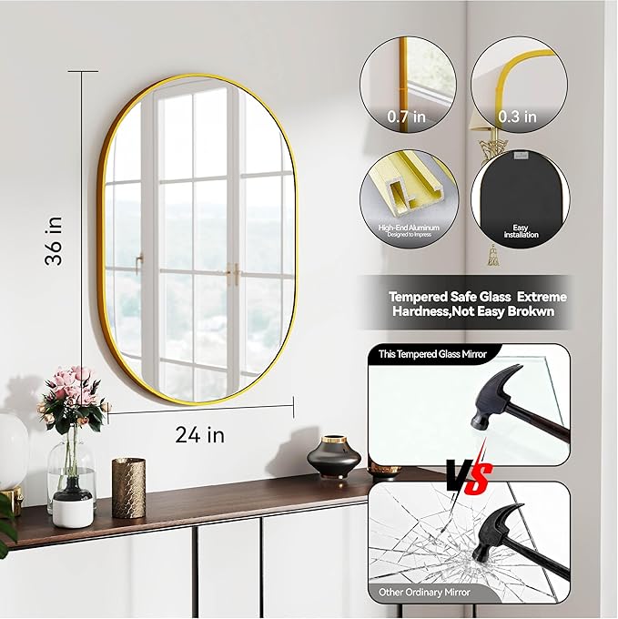 36x24 Mirror Runway Oval Wall Mounted Aluminum Alloy Metal Frame Rectangle Mirrors for Entryway Bedroom Bathroom Living Room 36 24 inch Gold