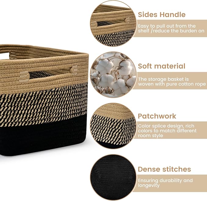 3 Pack Shelf Woven Storage Basket, Closet Rope Baskets For Organizing, 15 x 10 x 9” Square Bins with Handles, Black+Brown