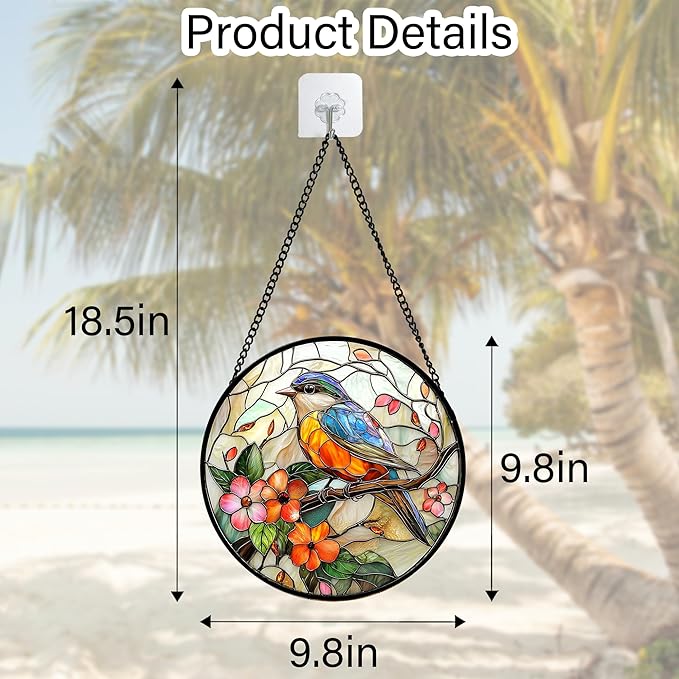 Stained Glass Window Hanging, Blue Bird Pink Flower Suncatcher Diamond Glass Panel Bird Sun Catchers Decor for Birthday for Women, Men, Wife, Aunt, and Mom 9.8 in
