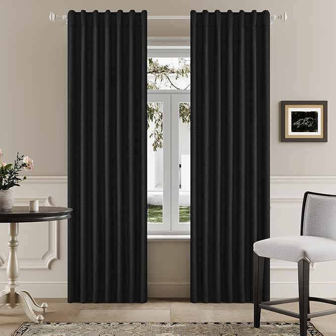 DUALIFE 90 Inch Blackout Black Curtains Boho, Thermal Insulated Burg Curtains for Summer Heat for Bedroom Living Room Linen Pleated Drapes 90 Inches Long Rod Pocket(50W x 90L x 2 Panels)
