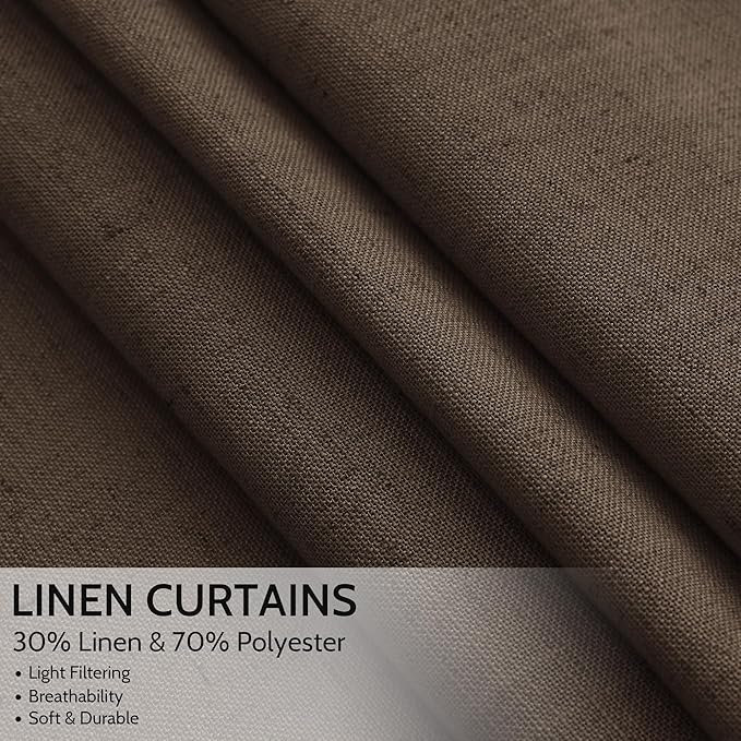 Nanspring Chocolate Linen Blend Light Filtering Back Tab Curtains 102 Inches Long, Semi Sheer Privacy Drapes for Living Room & Bedroom, 52x102 inch, 2 Panels