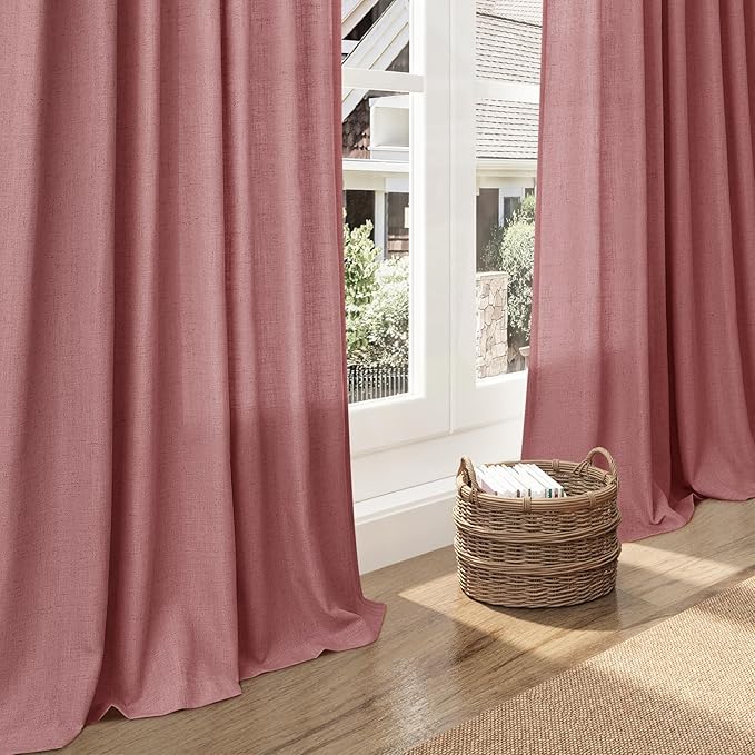 Nanspring Canyon Rose Linen Curtains 96 Inches Long 2 Panels Set for Living Room Rod Pocket Back Tab Semi Sheer Light Filtering Protect Privacy Dusty Rose Curtain for Bedroom Floor Length 52x96